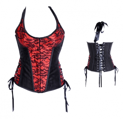 Black and red halter style overbust boned corset